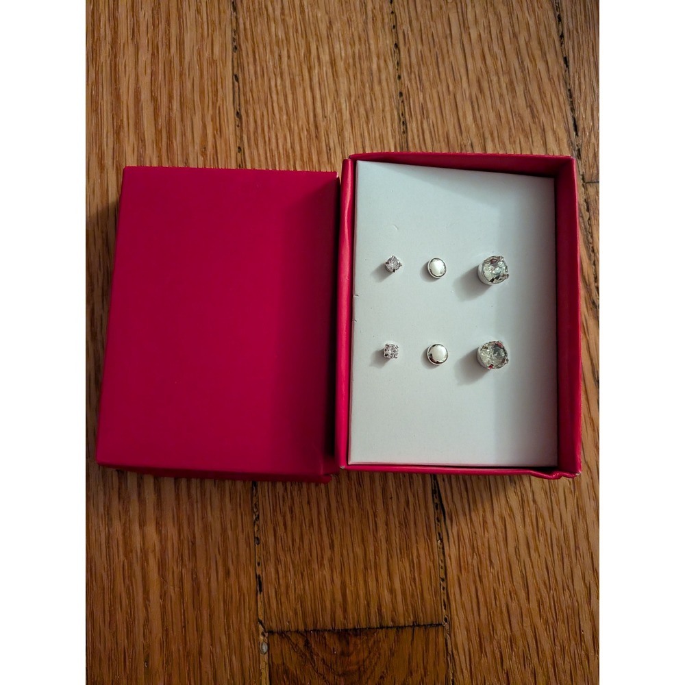 Silver Tone Stud Earring Set 3 Pairs Crystal Ball Solitaire Clear Stones Boxed